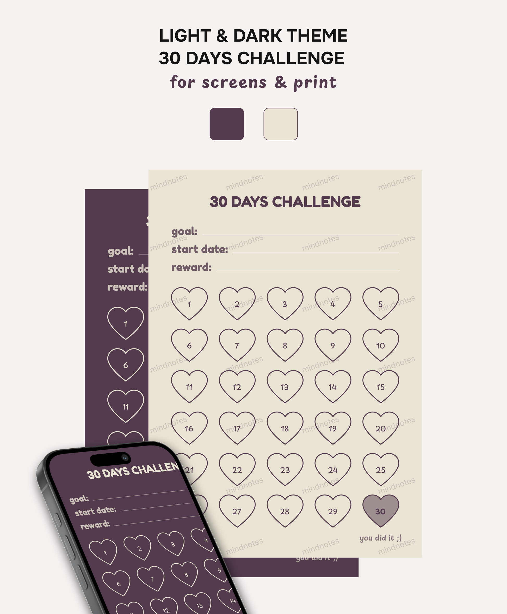 30-Day Challenge Tracker – Light & Dark Theme (Printable & Digital)